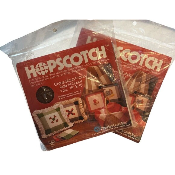 2 HOPSCOTCH Tartan Plaid Cross Stitch Fabric Aida 14 Count 15" x 15" Brown/tan - Picture 1 of 1